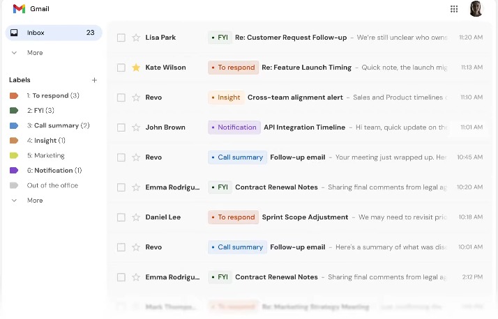 Gmail inbox organized with action labels like To respond, FYI, and Call summary